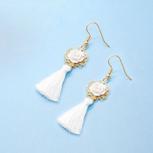 White Rose Fringe Handmade Tassel Earrings